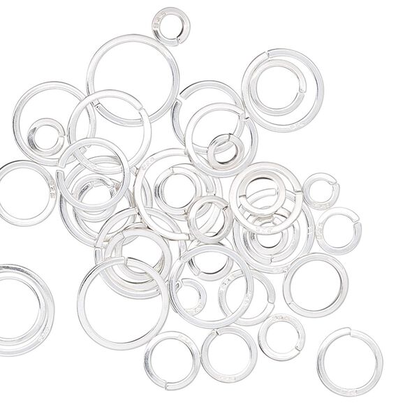Jump ring mix, sterling silver, 4-10mm round square wire, 2.4mm-8.2mm inside diameter, 20 gauge. Sold per 5-gram pkg, approximately 40 jump rings. image number 0