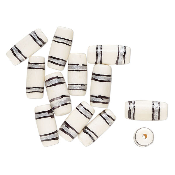 Bead, bone (dyed), white / black / silver, 18.5x8mm-19.5x9mm hand-painted tube with line design. Sold per pkg of 12. image number 0