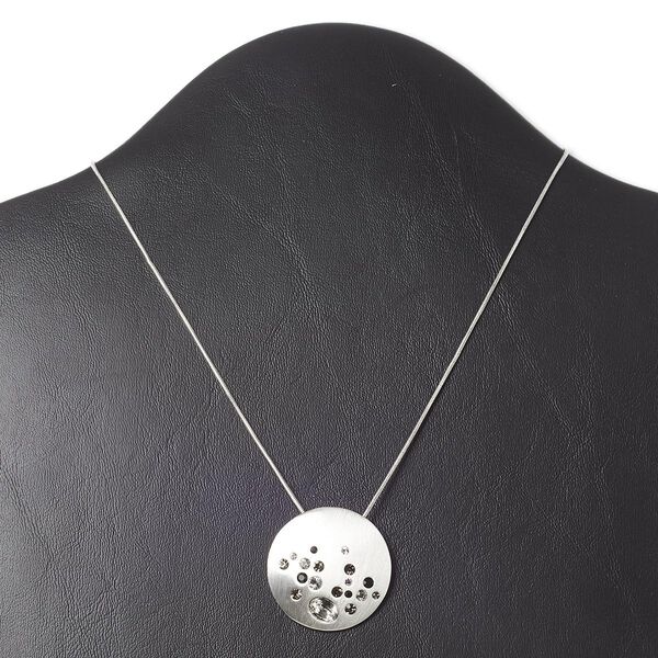 Necklace, crystals / glass rhinestone / silver-plated "pewter" (zinc-based alloy), crystal clear / smoke / black, 33mm brushed domed round, 16 inches with 3-inch extender chain and lobster claw clasp. Sold individually. image number 0