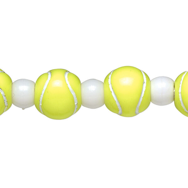 Bead, acrylic, yellow and white, 7x5.5mm crow and 11mm tennis ball. Sold per 8-inch strand. image number 0