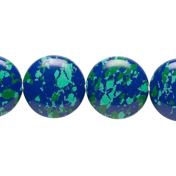 Bead, resin, dark blue / green / turquoise blue, 16mm flat round. Sold per 15" to 16" strand. image number 0