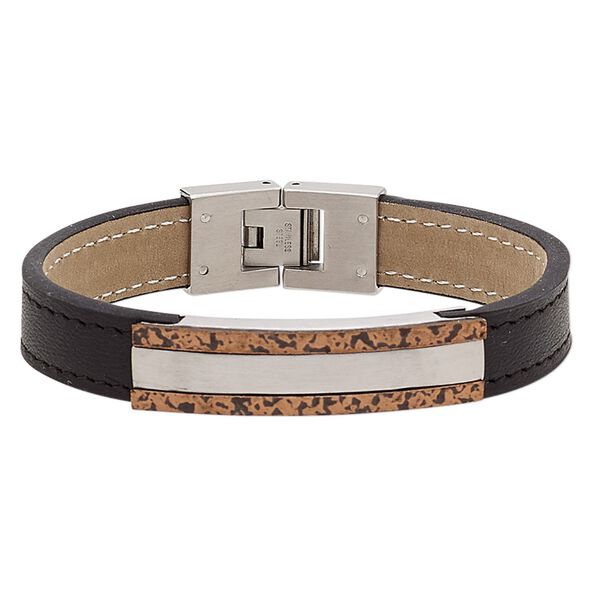 Bracelet, leather (dyed) / stainless steel / antiqued copper, black, 13mm wide with textured design and 45x13mm curved rectangle, 6-1/2 inches with fold-over clasp. Sold individually. image number 0