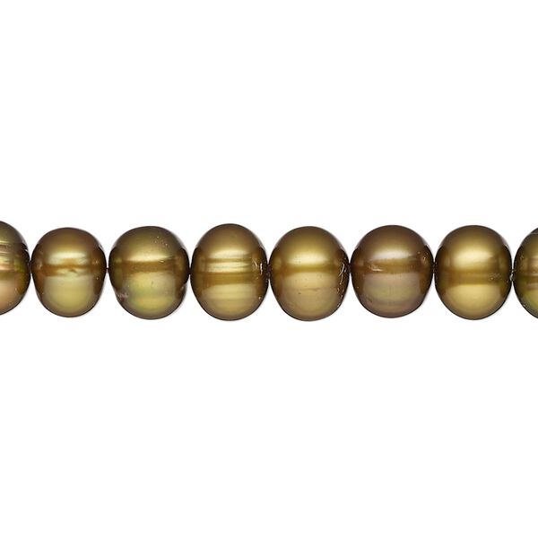 Pearl, cultured freshwater pearl (dyed), golden olive, 8-9mm semi-round, D grade, Mohs hardness 2-1/2 to 4. Sold per 15" strand, approximately 60 beads. image number 0