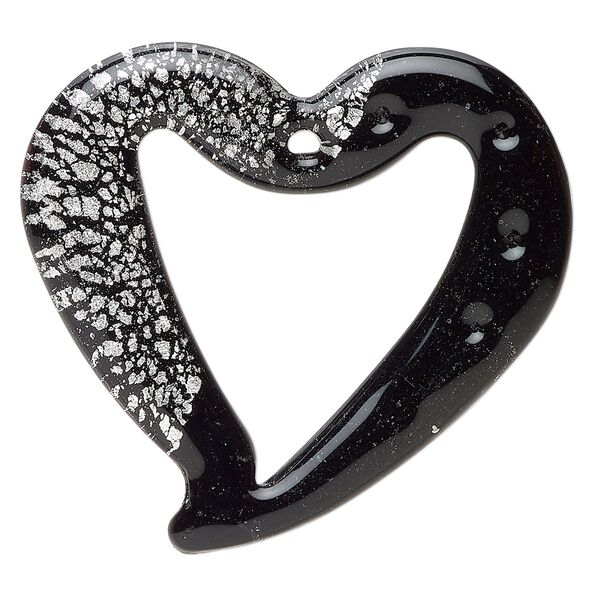 Focal, lampworked glass, opaque black, 47x43mm-48x44mm flat-sided open heart with 3 dimples and silver-colored foil. Sold individually. image number 0
