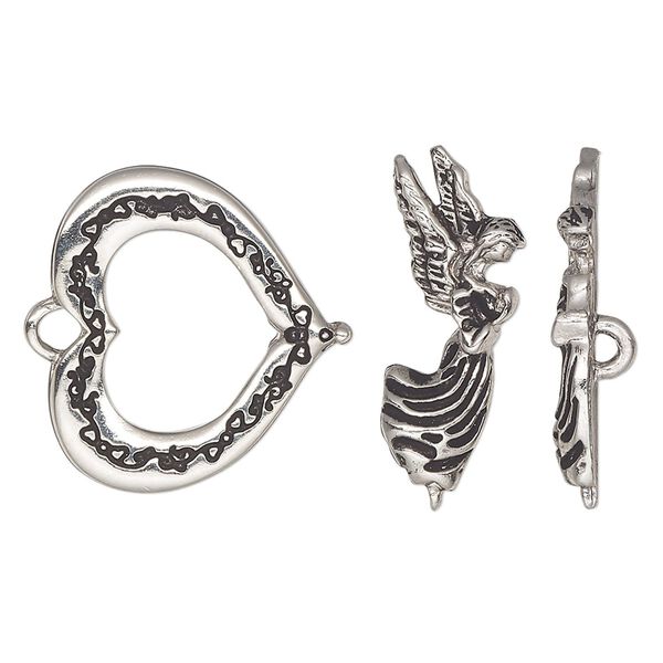 Clasp, toggle, antique silver plate "pewter" (zinc-based alloy), 23x21mm heart with angel bar. Sold individually. image number 0