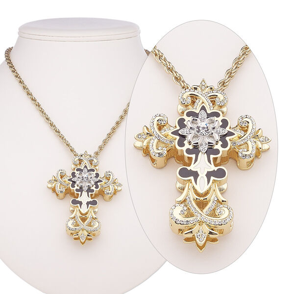 Necklace, Avant-Garde Jewelry Collection, enamel / Czech glass rhinestone / gold-plated steel / "pewter" (zinc-based alloy), black / white / clear, 3 x 2-1/4 inch cross, 30-inch continuous loop. Sold individually. image number 0