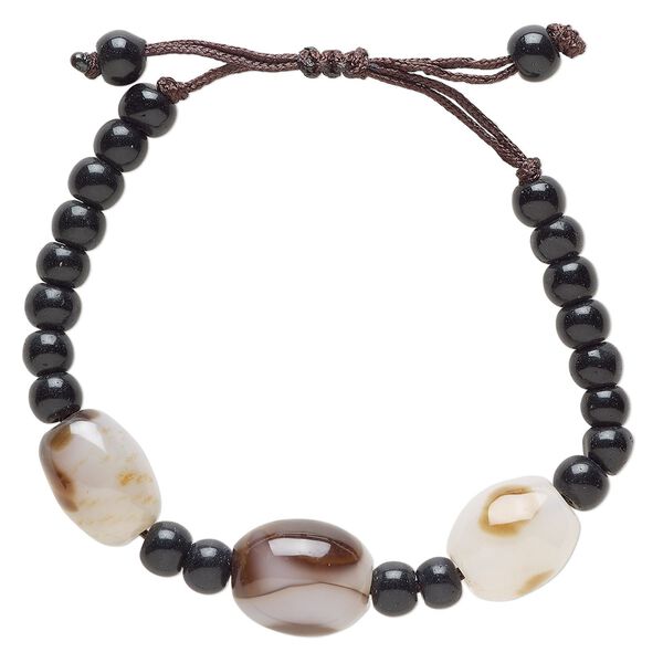 White agate / glass / waxed cotton 1pkg1, oval bracelet adjustable 5-7.5 inch 14mm image number 0