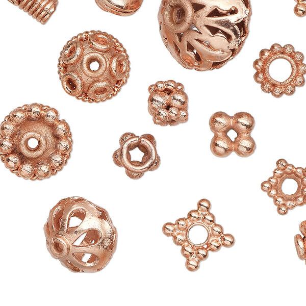 Bead and bead cap, copper, 5x2mm-15x14mm assorted shape. Sold per pkg of 20. image number 0