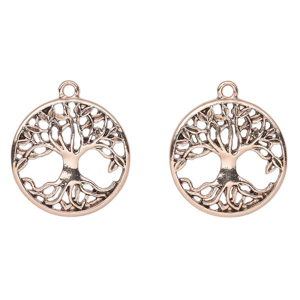 Charm, antique gold-finished "pewter" (zinc-based alloy), 24mm round with tree of life cutout. Sold per pkg of 2. image number 0