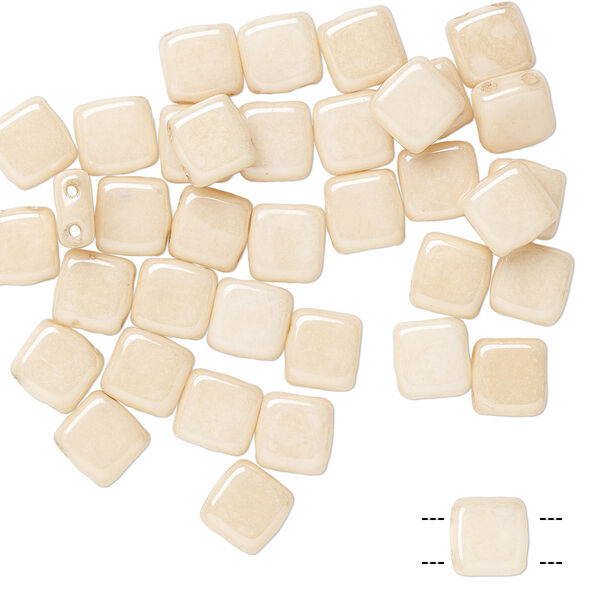 Bead, Preciosa, Czech pressed glass, opaque ivory, 6x6mm flat square with (2) 0.7mm holes. Sold per pkg of 40. image number 0