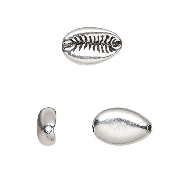 Bead, TierraCast®, antique silver-plated pewter (tin-based alloy), 14x9mm 3D cowrie shell. Sold per pkg of 2. image number 0