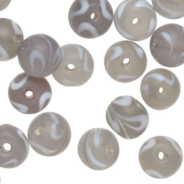 Bead, lampworked glass, translucent grey and white, 10mm round with swirl design. Sold per 2-ounce pkg, approximately 40 beads. image number 0