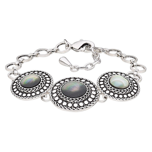 Bracelet, black lip shell (natural) / antique silver-plated brass / steel / "pewter" (zinc-based alloy), 25mm wide with round, 7 inches with 1-inch extender chain and lobster claw clasp. Sold individually. image number 0