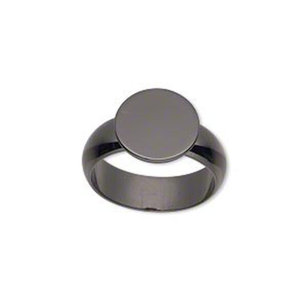 Ring, gunmetal-plated brass, 6mm wide, 12mm round flat pad setting, size 7. Sold individually. image number 0
