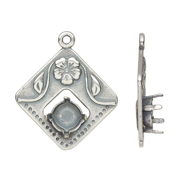Drop, JBB Findings, antique silver-plated pewter (tin-based alloy), 25mm single-sided diamond with flower design and SS39 chaton or rivoli 4-prong setting. Sold individually. image number 0
