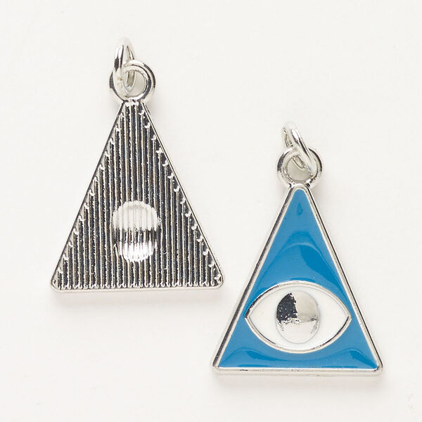 Charm, "pewter" (zinc-based alloy), pkg/2, silver finish enamel blue and white, 20x18mm triangle with wards-off-the-evil-eye-design. image number 0