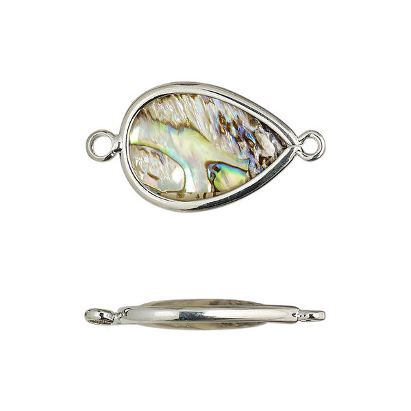 Link, paua shell and imitation rhodium-finished brass (assembled), 18.5x13.5mm-20x15mm double-sided teardrop. Sold per pkg of 4. image number 0