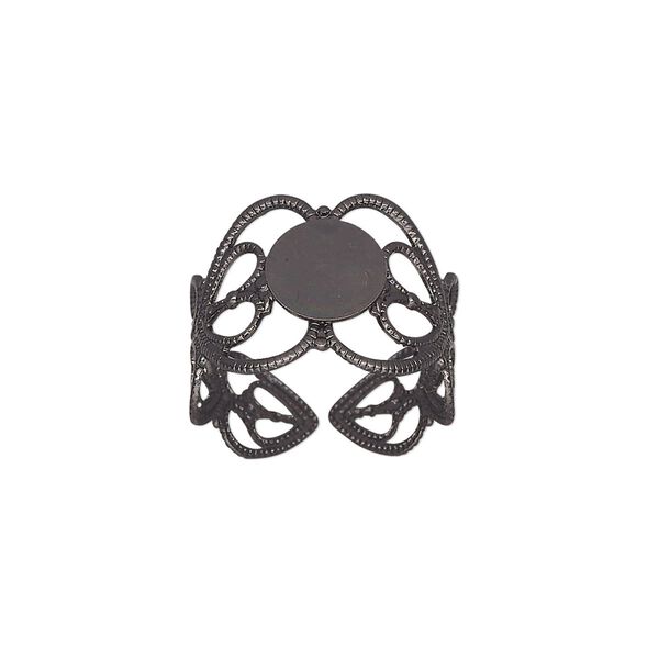 Ring, gunmetal-plated brass, 14mm wide with double heart and 8mm round flat pad setting, adjustable from size 7-9. Sold per pkg of 8. image number 0