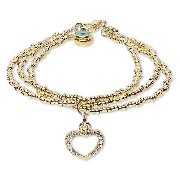 Bracelet, 3-strand, resin / glass rhinestone / gold-finished steel / brass / "pewter" (zinc-based alloy), teal / black / clear, 12mm wide with 13x10mm open heart, 7 inches with lobster claw clasp. Sold individually. image number 0