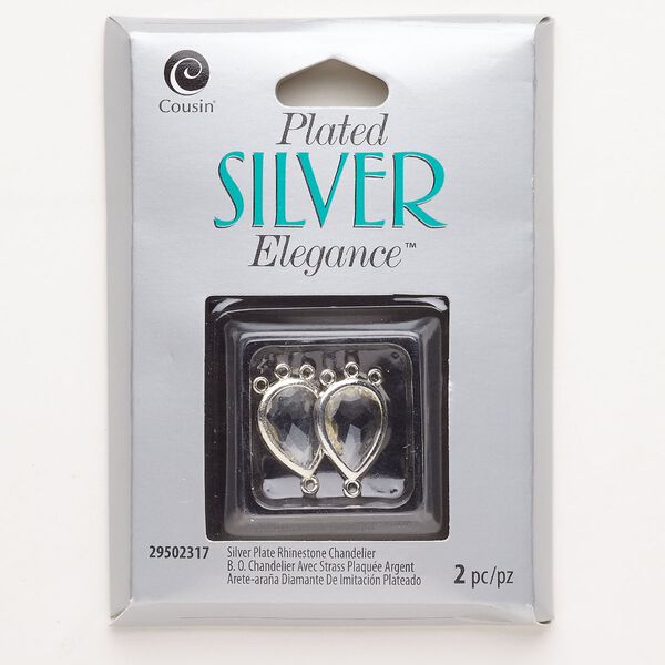 Drop, "pewter" (zinc-based alloy) and acrylic, pkg/2, silver finish and clear, 16x12mm faceted teardrop. image number 0