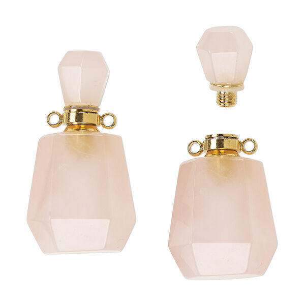 Rose quartz / brass 1pkg1, gold-finished hand-cut perfume bottle / 2 loops / threaded stopper natural C grade, 37x20mm image number 0