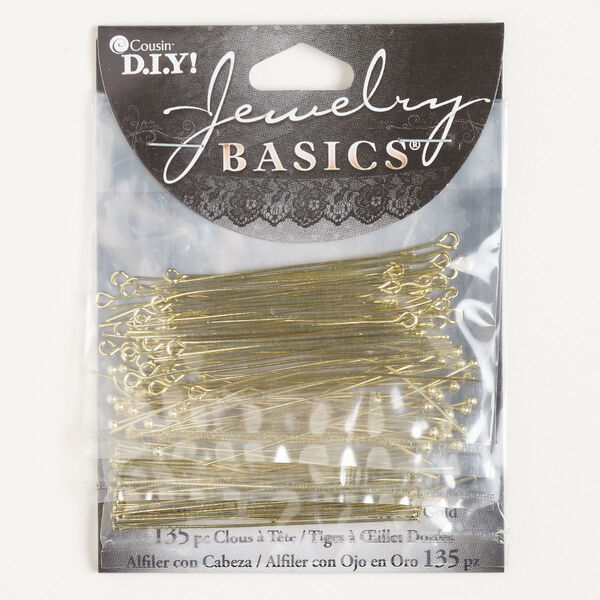 Head pin and eye pin assortment, steel, pkg/135, 2 inches, 21 gauge, gold finish. image number 0
