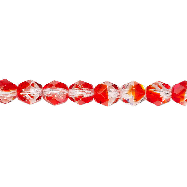 Bead, Czech fire-polished glass, two-tone, translucent to transparent crystal and red, 6mm faceted round. Sold per 15-1/2" to 16" strand. image number 0