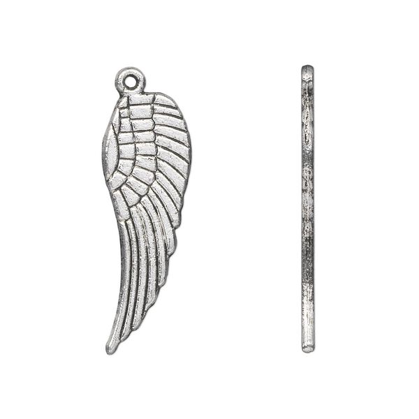 Charm, antique silver-plated "pewter" (zinc-based alloy), 28x9mm double-sided wing. Sold per pkg of 10. image number 0