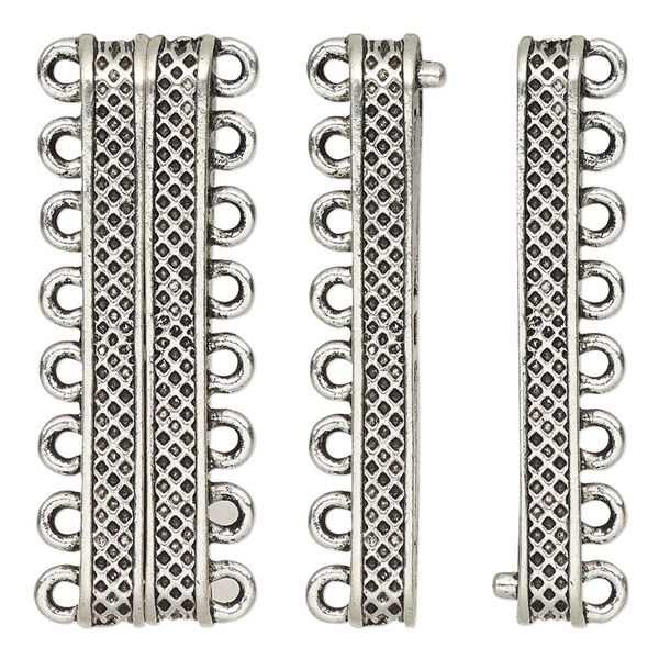Clasp, 8-strand magnetic, antique silver-finished "pewter" (zinc-based alloy), 40x9mm rectangle with textured design. Sold individually. image number 0