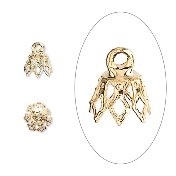 Bead cap, gold-plated brass, 8x5.5mm 7-prong bell, fits 5-7mm bead. Sold per pkg of 100. image number 0