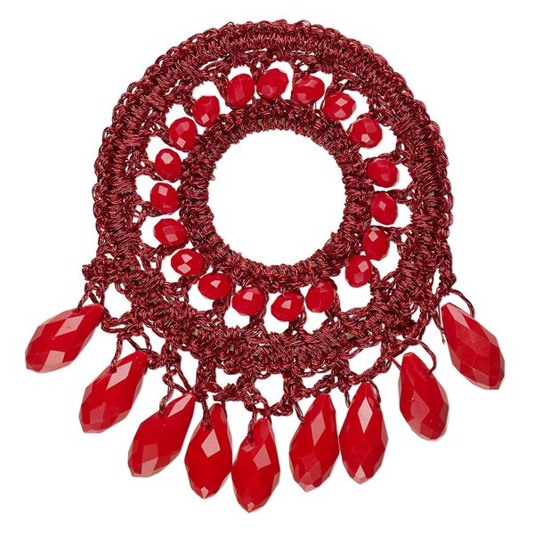 Focal, glass / nylon / steel, dark red, 58x56mm-64x62mm open round with fringe. Sold individually. image number 0