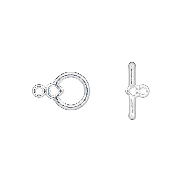 Clasp, toggle, silver-plated "pewter" (zinc-based alloy), 10x9mm round with heart. Sold per pkg of 10. image number 0