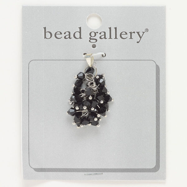 Pendant, silver-finished steel and glass, black, 27x18mm. Sold individually. image number 0