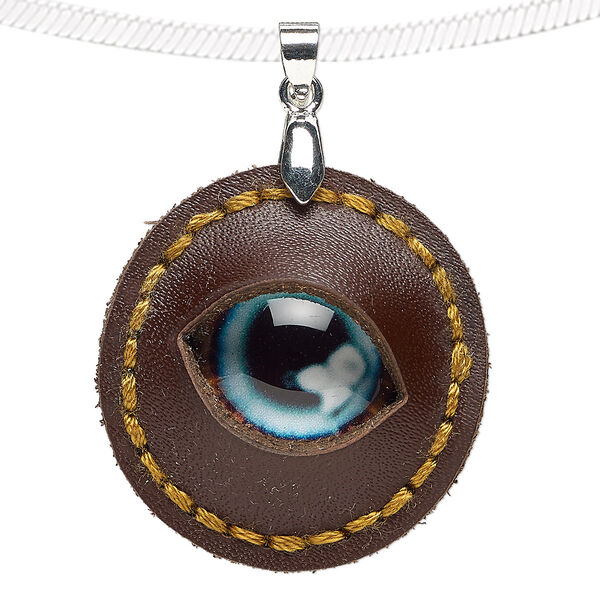 Pendant, leather (dyed) / glass / silver-plated brass, light blue and multicolored, 32mm single-sided round with dragon eye. Sold individually. image number 0