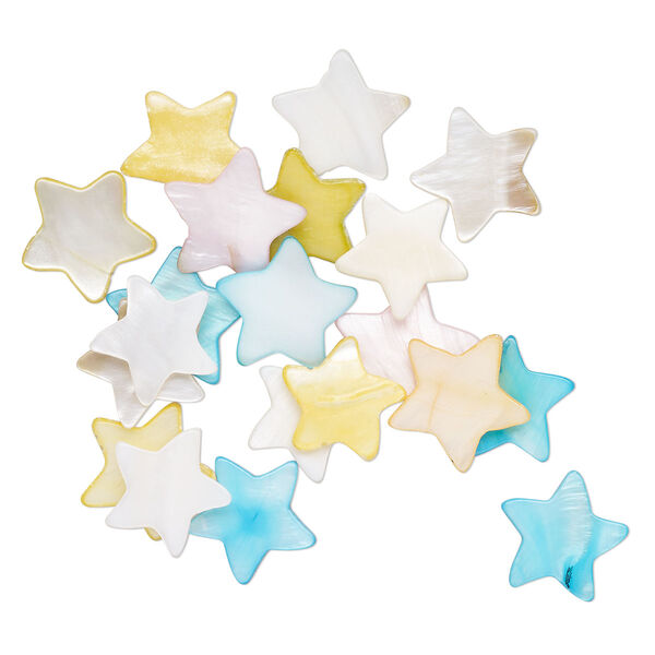 Bead 1pkg20 mother-of-pearl shell, 18x4mm-20x13mm top-drilled star mix bleached/dyed mixed colors image number 0
