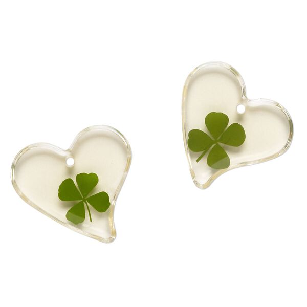 Drop, acrylic and paper, pale yellow and green, 21-22mm flat heart with pressed 4-leaf clover. Sold per pkg of 2. image number 0
