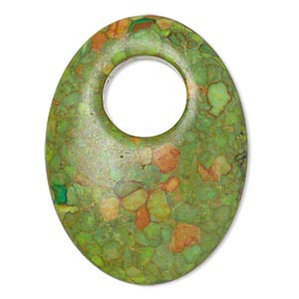 Focal, mosaic "turquoise" (magnesite) (dyed / assembled), green, 40x30mm oval go-go with 12mm hole, B grade, Mohs hardness 3-1/2 to 4. Sold per pkg of 2. image number 0