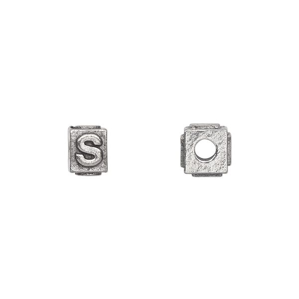 Bead, antiqued pewter (tin-based alloy), 8x6mm rectangle with alphabet letter "S". Sold per pkg of 4. image number 0