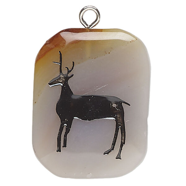 Focal, red agate (dyed / heated) / enamel / silver-finished steel, light to medium and black, 33x27mm-40x30mm puffed freeform with deer, B- grade, Mohs hardness 6-1/2 to 7. Sold individually. image number 0