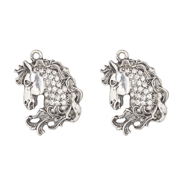 Charm, antique silver-finished "pewter" (zinc-based alloy) and glass, clear, 23x21mm single-sided horse head. Sold per pkg of 2. image number 0