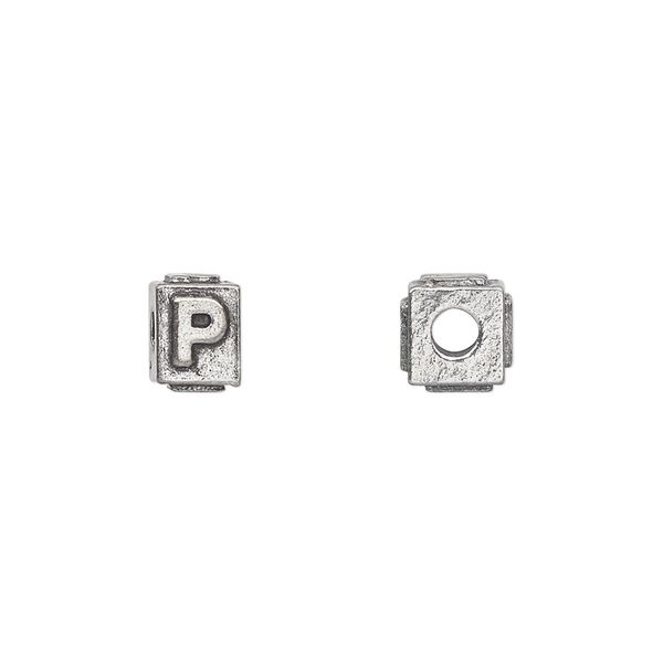 Bead, antiqued pewter (tin-based alloy), 8x6mm rectangle with alphabet letter "P". Sold per pkg of 4. image number 0