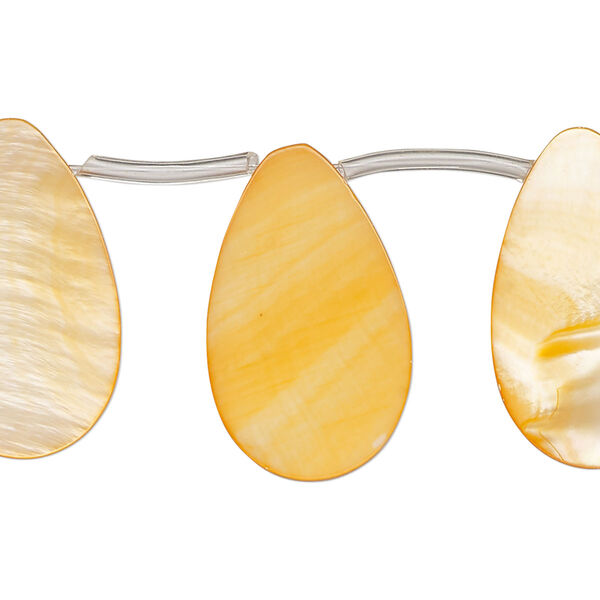 Bead, mother-of-pearl shell (dyed), orange, 25x6mm-25x8mm top-drilled flat teardrop, Mohs hardness 3-1/2. Sold per 14-inch strand, approximately 15 beads. image number 0