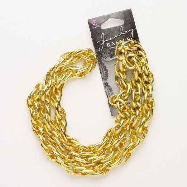 Chain, steel, pkg/25 inches, gold finish, 9mm double oval rolo. image number 0