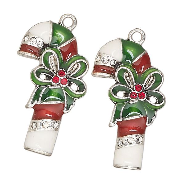Focal, antique silver-finished "pewter" (zinc-based alloy) / enamel / glass, red / white / green, 31x18mm candy cane. Sold per pkg of 2. image number 0