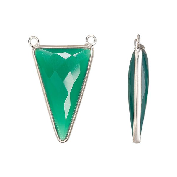 Connector, sterling silver and green onyx (dyed), 25x15mm hand-cut double-sided faceted triangle with 2 closed loops, Mohs hardness 6-1/2 to 7. Sold individually. image number 0