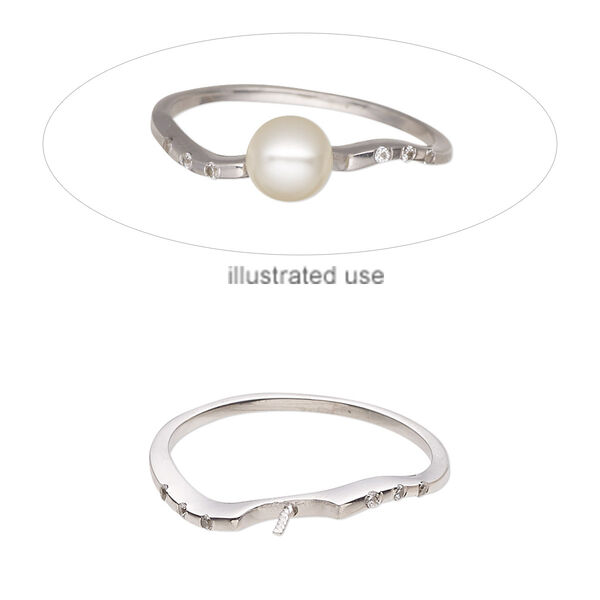 Ring, cubic zirconia and sterling silver, clear, 2.5mm wide asymmetrical band with 4.5mm twisted peg, fits up to 8mm half-drilled round bead, size 9. Sold individually. image number 0