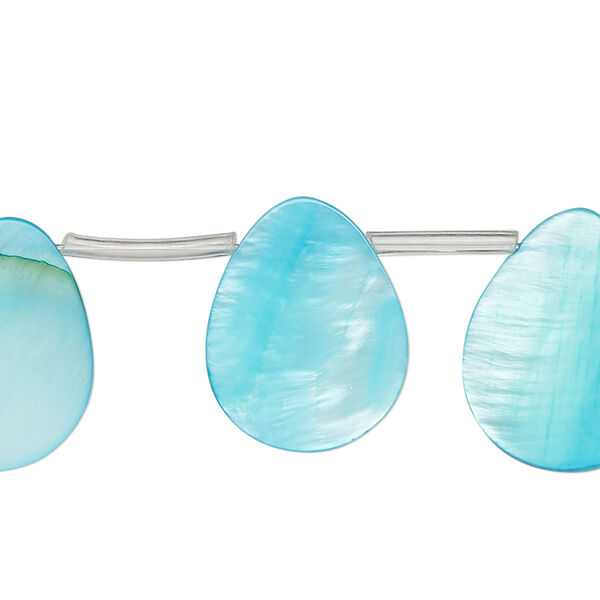 Bead, mother-of-pearl shell (dyed), blue, 19x6mm-20x10mm top-drilled flat teardrop, Mohs hardness 3-1/2. Sold per 15-inch strand, approximately 20 beads. image number 0