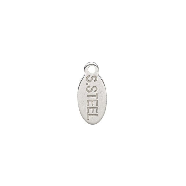 Drop, stainless steel, 10x6mm two-sided flat oval tag stamped with "S. STEEL." Sold per pkg of 10. image number 0