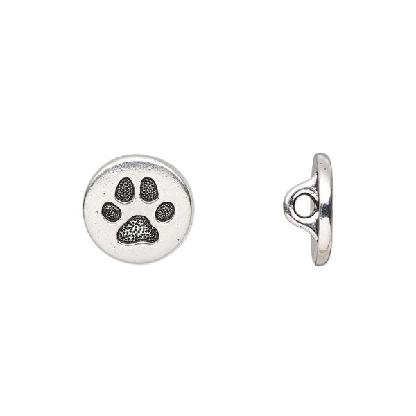 Button, TierraCast®, "Spot and Whiskers" collection, antique silver-plated pewter (tin-based alloy), 12mm flat round with dog paw and loop. Sold per pkg of 2. image number 0