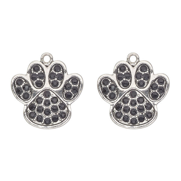 Charm, antique silver-finished "pewter" (zinc-based alloy) and glass, black, 24x23mm single-sided paw print. Sold per pkg of 2. image number 0